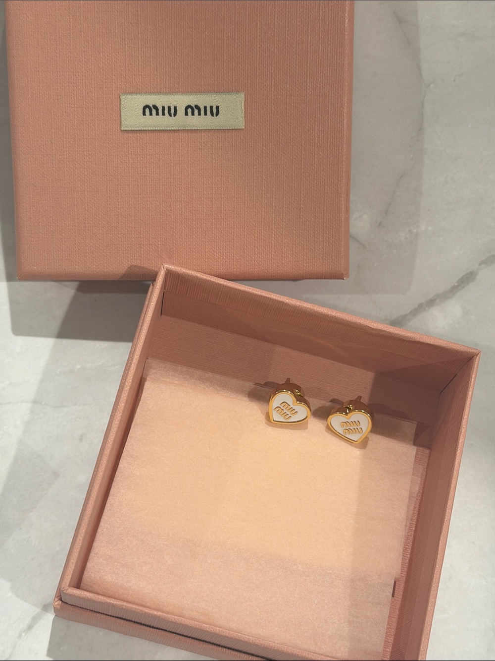 Miu Miu White and Gold Tone Heart Earrings